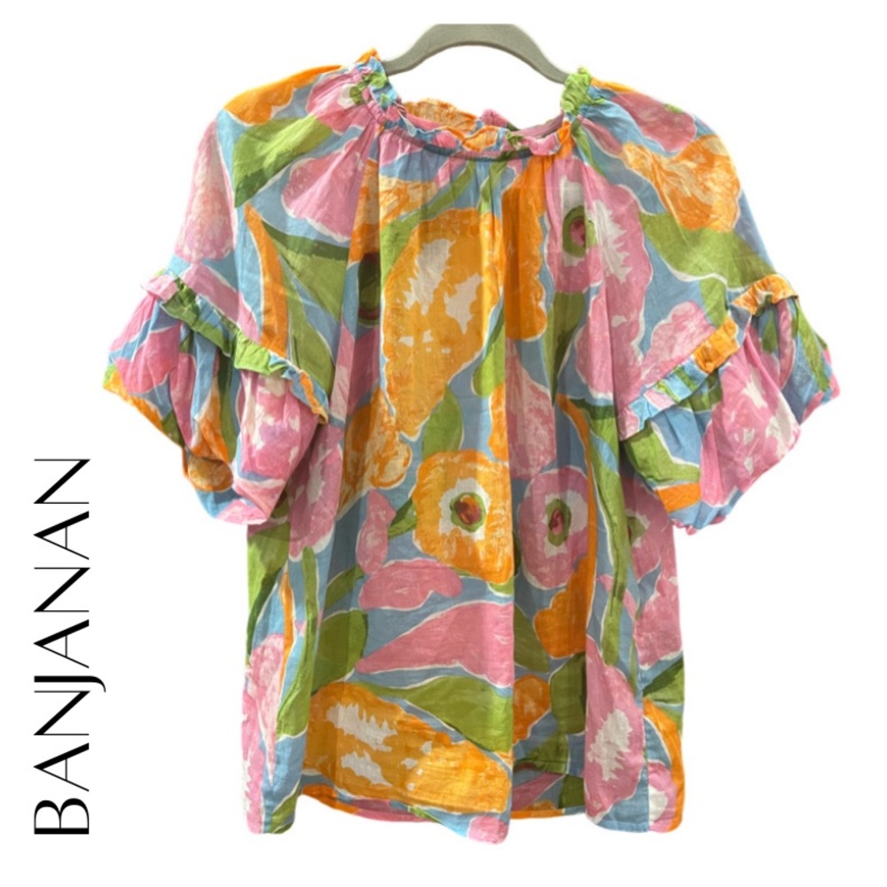 BANJANAN Floral Off-Shoulder Puff Sleeve Top in Pink & Orange